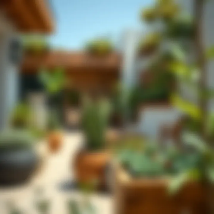 Stylish Outdoor Serenity with Wood Stylish outdoor space featuring wooden planters and lush vegetation