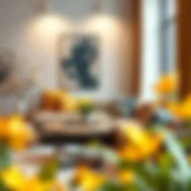 Cozy corner with an anthracite mustard sofa and decorative elements