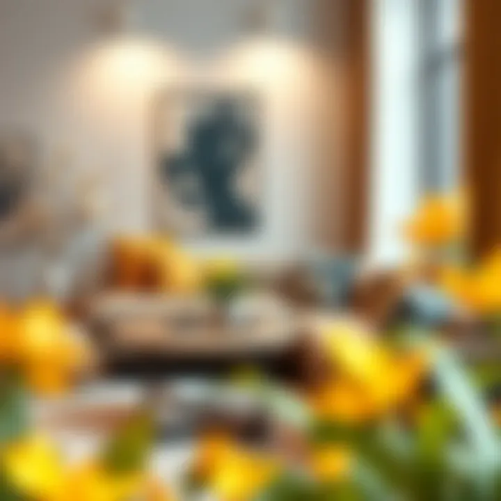 Cozy corner with an anthracite mustard sofa and decorative elements