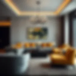 Elegant living room featuring an anthracite mustard sofa set