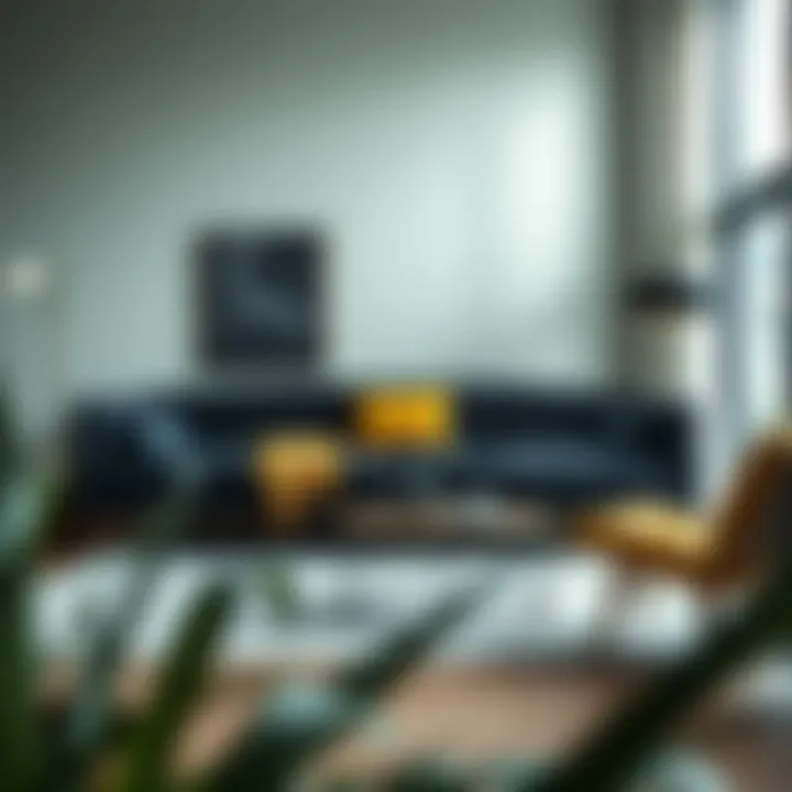 Stylish arrangement of anthracite mustard sofa in a contemporary space