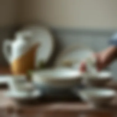 Artistic arrangement of porcelain dishes with decorative elements