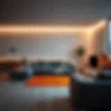 Modern Living Room with Orange LED Lighting Elegant orange LED floor lighting in a modern living room setting