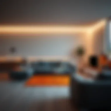 Modern Living Room with Orange LED Lighting Elegant orange LED floor lighting in a modern living room setting