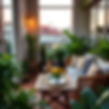 Elegant balcony furniture with vibrant plants and cozy ambiance