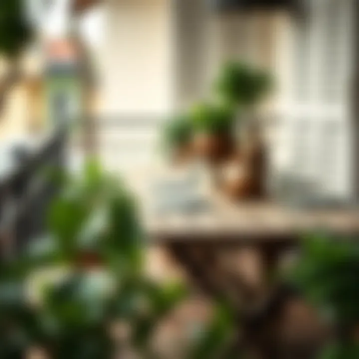 Rustic wooden balcony table complemented by greenery