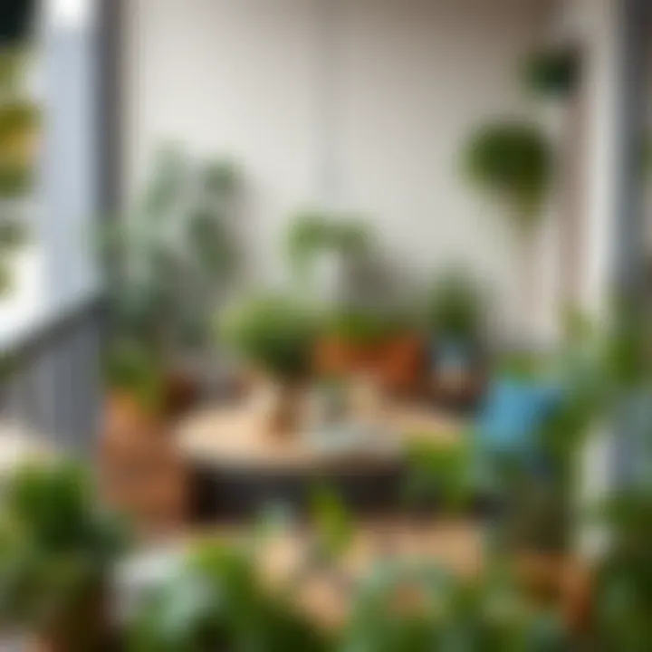 Cozy rustic balcony table surrounded by greenery