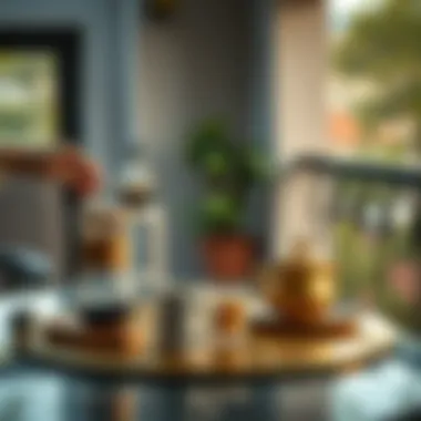 Elegant Coffee Setup A beautifully arranged balcony with soft lighting and coffee accessories