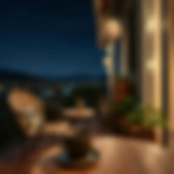 Enchanting Balcony Ambiance A tranquil balcony setting with a cup of coffee under the stars