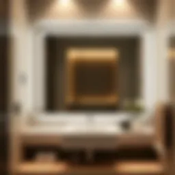 Detailed view of a modern bathroom mirror showcasing its sleek design and reflection.