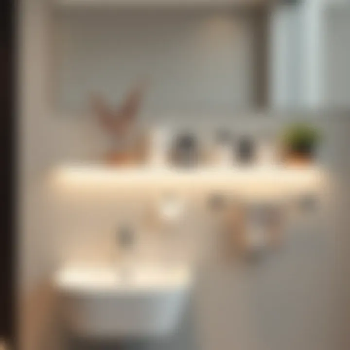 Elegant adhesive shelf displaying decorative bathroom items