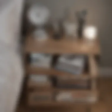 Close-up of a bedside organizer filled with books and decor