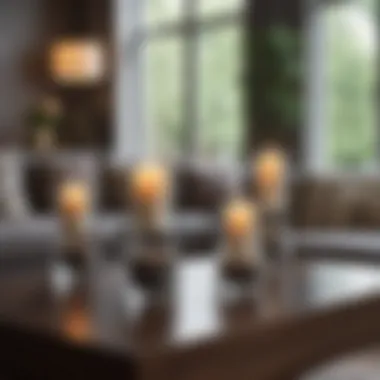 Cozy living room setting with glass cylinder candle holders