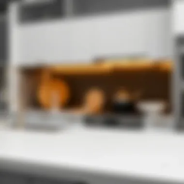 Close-up of materials used for white kitchen countertops