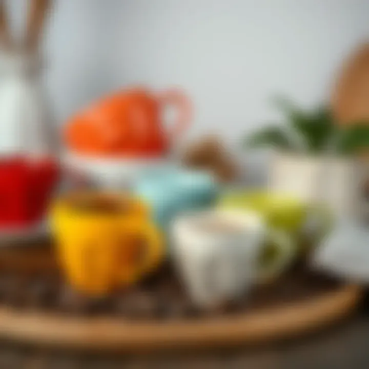 Artistic arrangement of colored coffee cups enhancing decor.