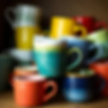 Colorful ceramic mugs displayed in a collection
