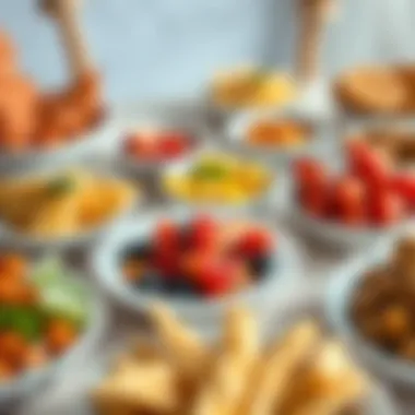 Colorful assortment of snacks in porcelain dishes