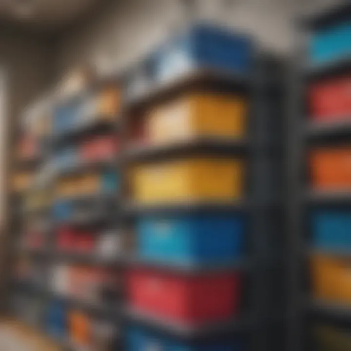 Colorful plastic storage boxes organized on a shelf