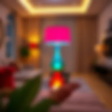 Colorful table lamp illuminating a modern living room