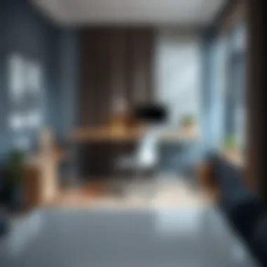 A stylish workspace featuring a height-adjustable desk and contemporary decor