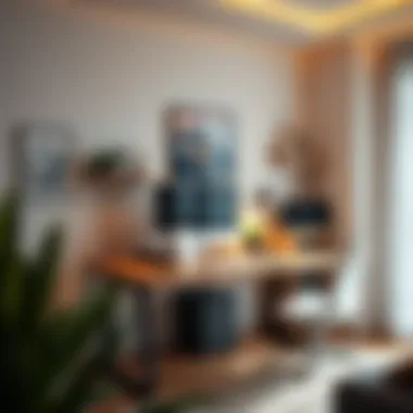 A creative home office setup with a height-adjustable desk and innovative accessories