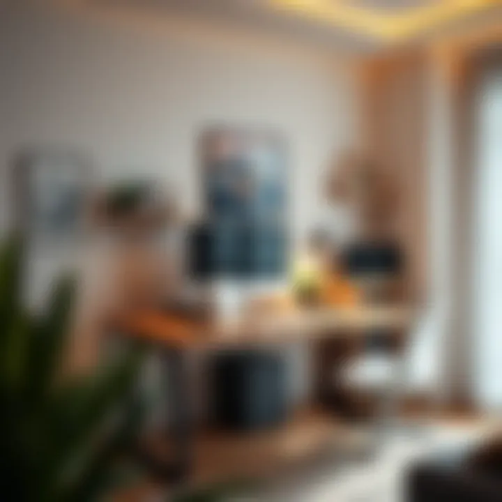 A creative home office setup with a height-adjustable desk and innovative accessories