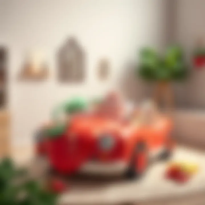 Creative layout showcasing a strawberry car bed and accessories