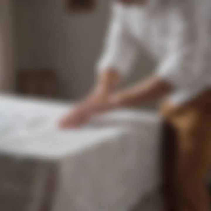 Person carefully maintaining a tablecloth