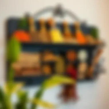 Variety of spices in artistic arrangement on a wall spice organizer