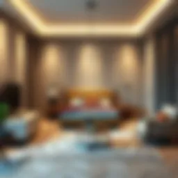 Elegant bedroom layout with stylish furnishings