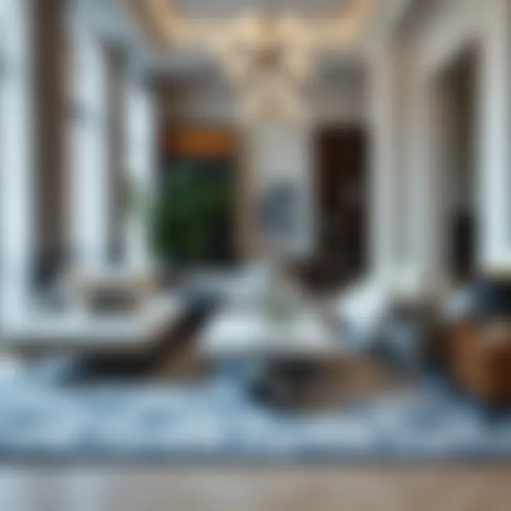 Elegant living space adorned with a stylish gray and navy carpet