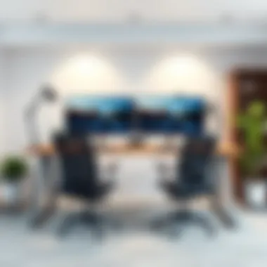 Ergonomic office desk setup with dual monitors