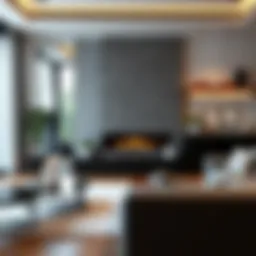 A beautifully designed living room featuring a modern fireplace unit.