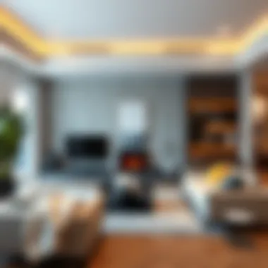 An arranged living area with suggested layouts for placing a fireplace unit.