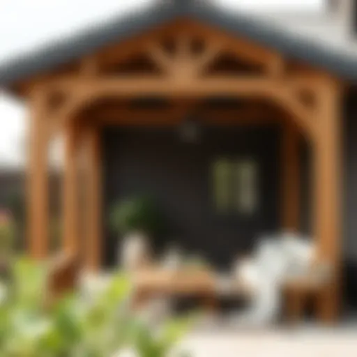 Charming Wooden-Beamed Veranda Elegant garden veranda with wooden beams and cozy seating