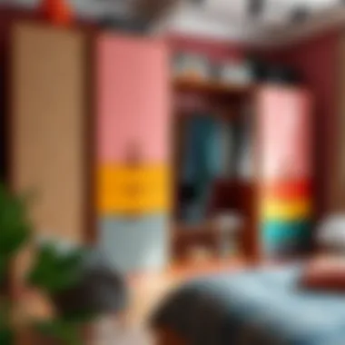 Colorful wardrobe featuring a mix of materials and patterns