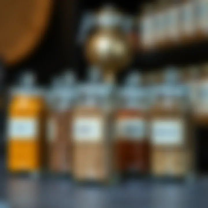 Glass spice containers with labels and colorful spices inside