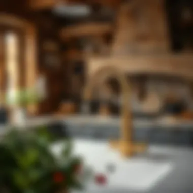 Gold kitchen faucet complementing a rustic kitchen