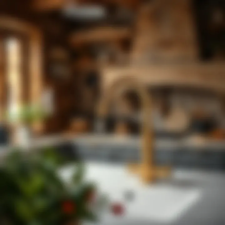 Gold kitchen faucet complementing a rustic kitchen