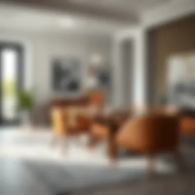 Contemporary dining area with gray rug and stylish furniture