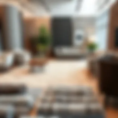 Variety of gray rug designs displayed in a stylish showroom