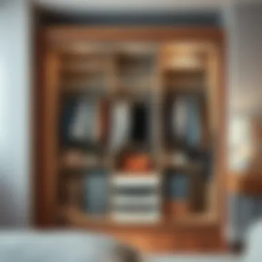 Functional interior of a three-door mirrored wardrobe with organized clothing and accessories