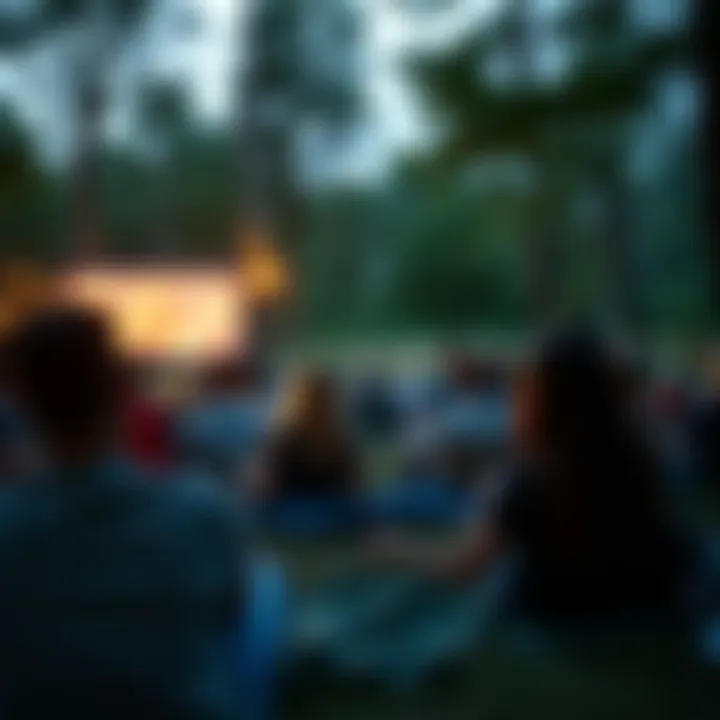 Camp cinema audience enjoying a movie surrounded by nature