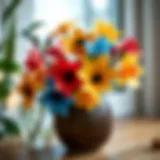 Colorful paper flowers arranged in a decorative vase