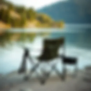 A stylish camp chair set up by a picturesque lake