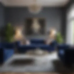 Elegant living room featuring a navy blue sofa with complementary decor