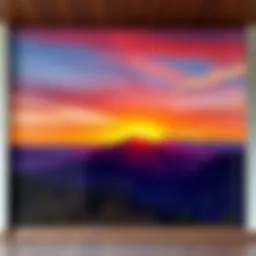 A beautiful landscape painting showcasing a serene sunset over a mountain range
