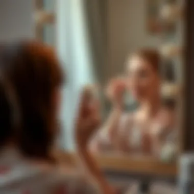 Person applying makeup with a puff in front of a mirror