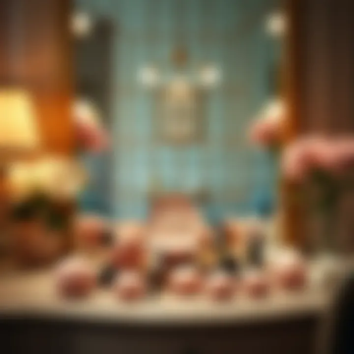 Elegant makeup puff display on a vanity