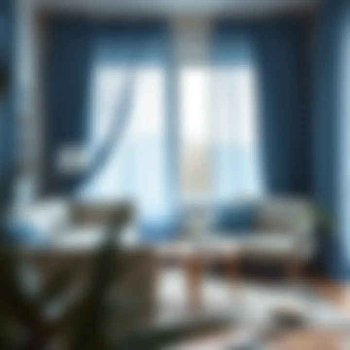 Chic blue curtains enhancing a minimalist decor